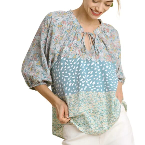 Umgee Mixed Colorblock Top Womens 1X Floral and Animal Prints Oversized Boho - Picture 1 of 10